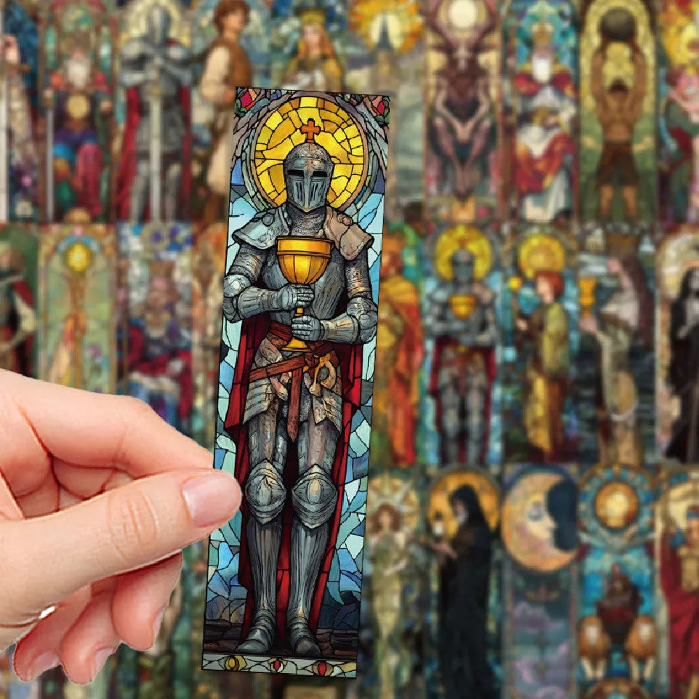 30 handmade paper bookmarks with painted tarot designs, each measuring 5.5cm by 15cm