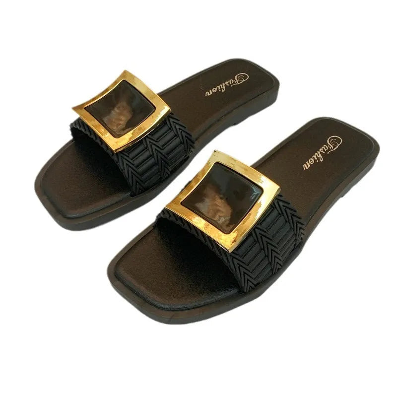 Women's flat summer slippers in apricot colour with a casual design and PVC sole.