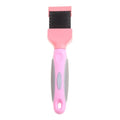 Double-sided pet brush with stainless steel pins and blue ergonomic handle for grooming dogs and cats
