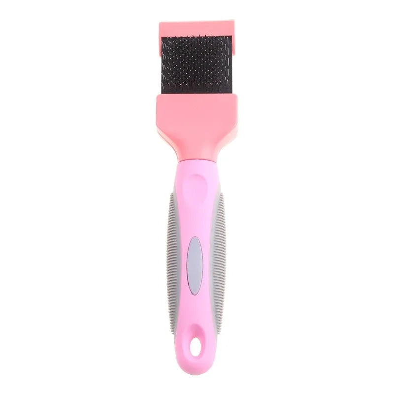 Double-sided pet brush with stainless steel pins and blue ergonomic handle for grooming dogs and cats