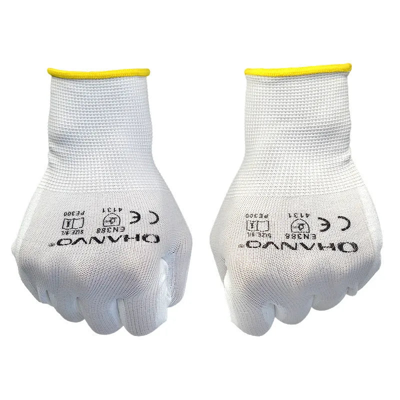 White PU coated labour gloves showing 24cm length and flexible design