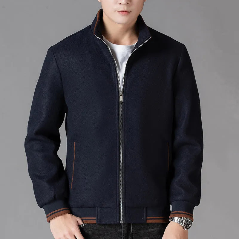 Men's grey autumn wool fleece jacket with sports style, long sleeves, and size stick pocket