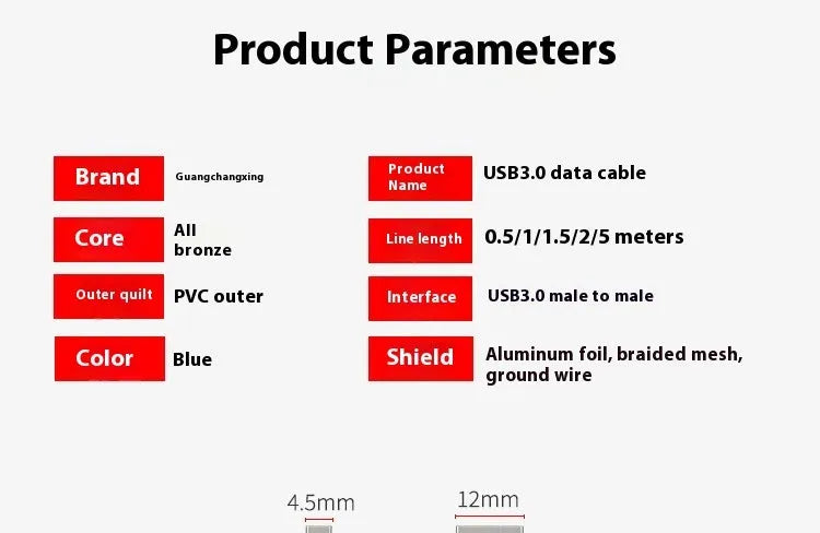 USB 3.0 data cable with nickel-plated connectors for mobile hard disk boxes, available in multiple lengths
