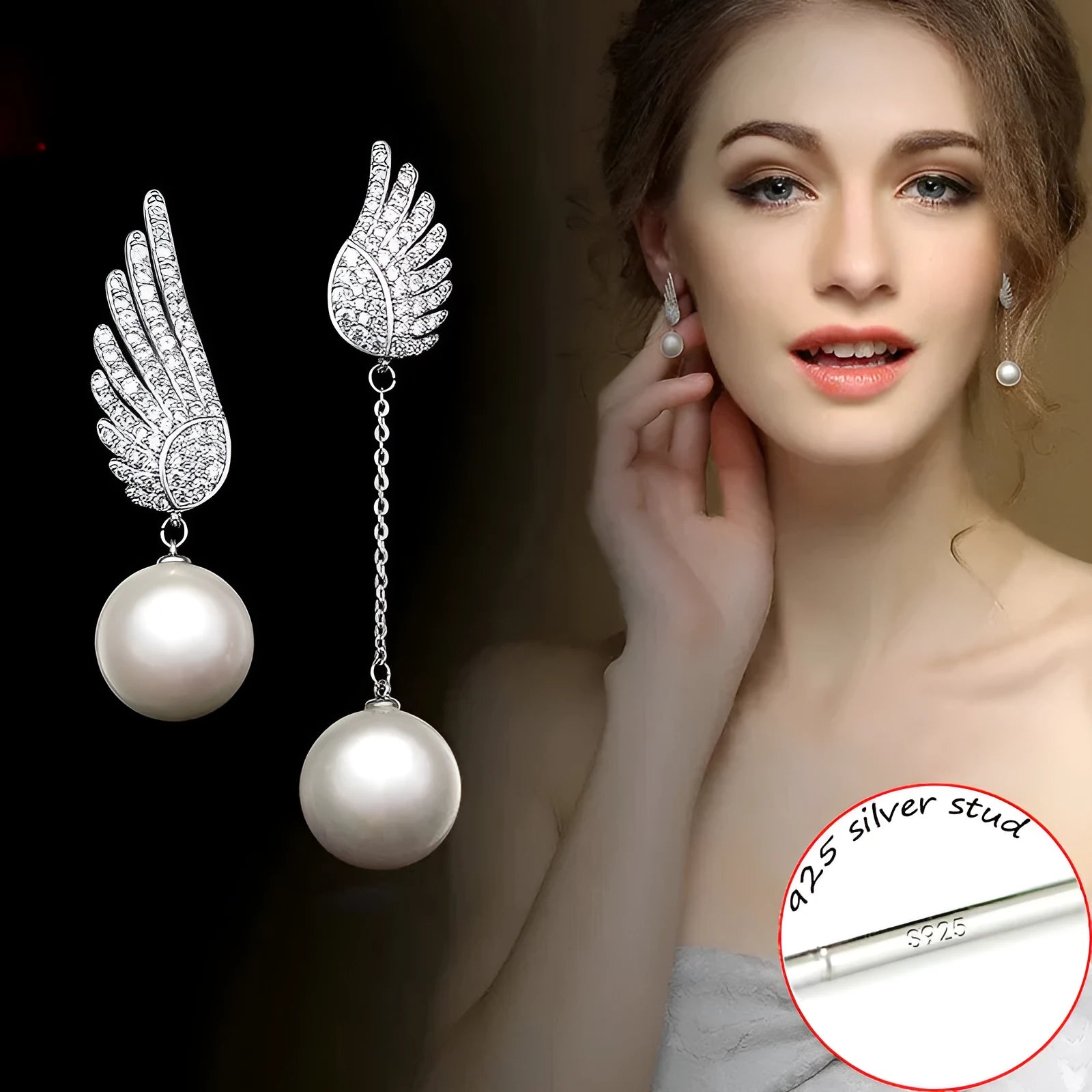 Platinum colour angel wing silver earrings with diamond treatment and gold-plated gemstone inlays