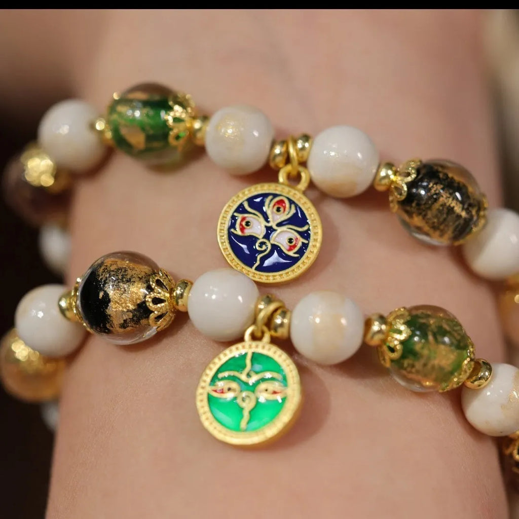 Handmade Five Gods of Wealth glazed bracelet in geometric 10mm design