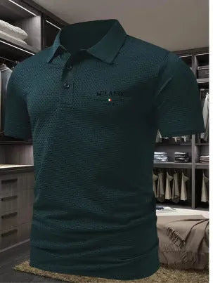 Men's loose-fitting short-sleeved lapel polo shirt in solid colour pinhole cloth fabric