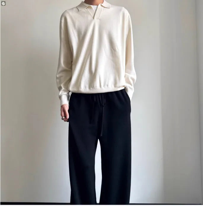 Old Money style pure wool polo sweater with lapel collar in milky white, loose fit long sleeves