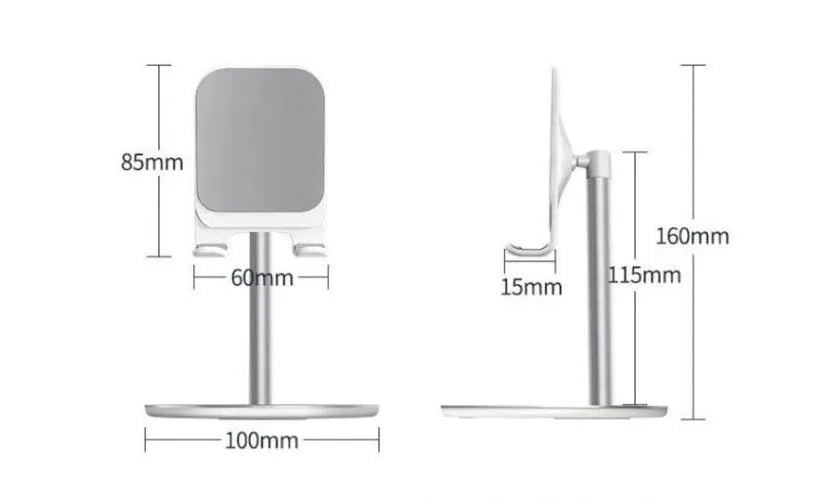 Aluminium alloy mobile phone and tablet desktop stand in black or white.