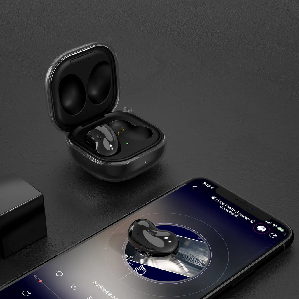 Translucent clamshell-style plastic case for Bluetooth earphones in four colour options.