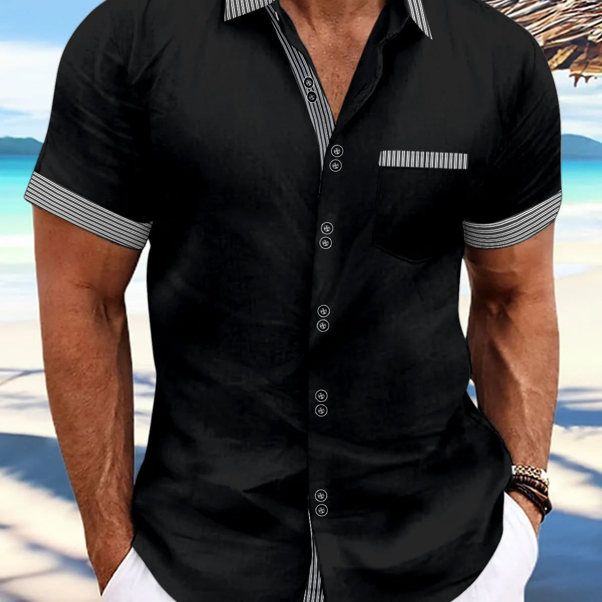 Men's striped slim-fit casual cotton shirt in multiple colours with short sleeves