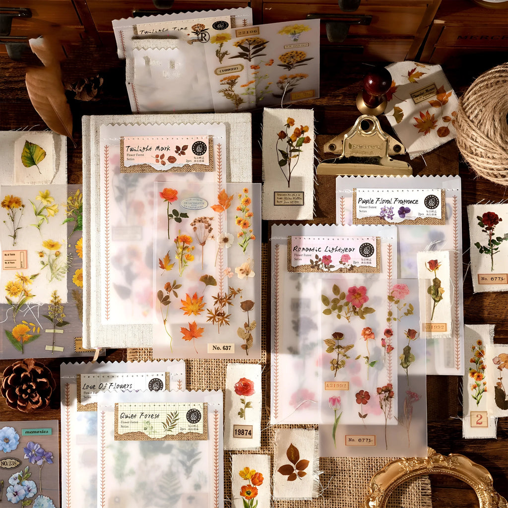 Huazhisen Series forest label sticker pack showing transfer paper and cotton linen sheets in dusk time colour