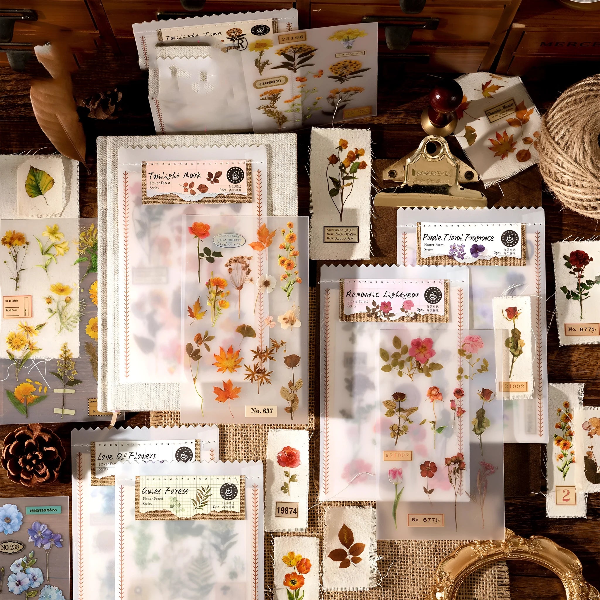 Huazhisen Series forest label sticker pack showing transfer paper and cotton linen sheets in dusk time colour