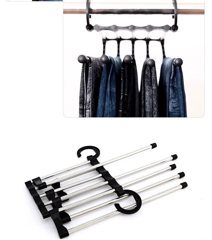 Black stainless steel 5-in-1 multi-functional trousers hanger with five booms on a clothes rack