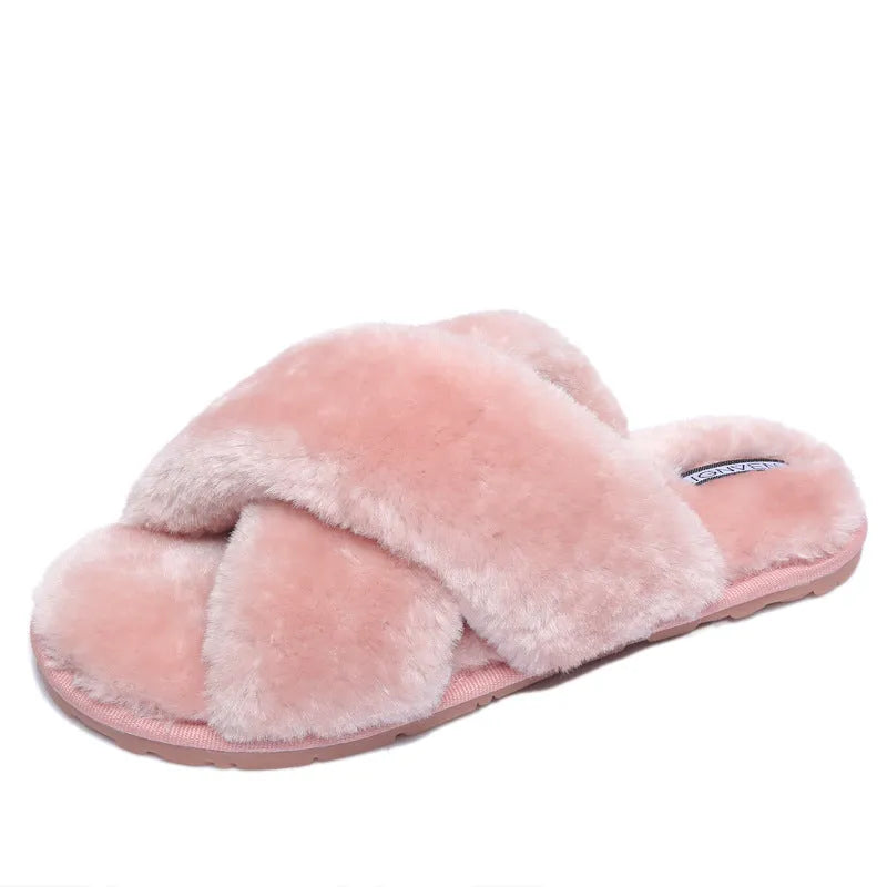 Cross open-toe fur slippers with non-slip patterned soles and anatomical heel support in black colour