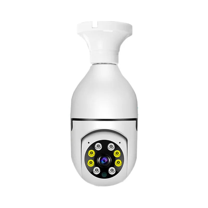 Compact bulb security camera with 5cm x 12cm dimensions showing lens and wifi connectivity for 1080p monitoring