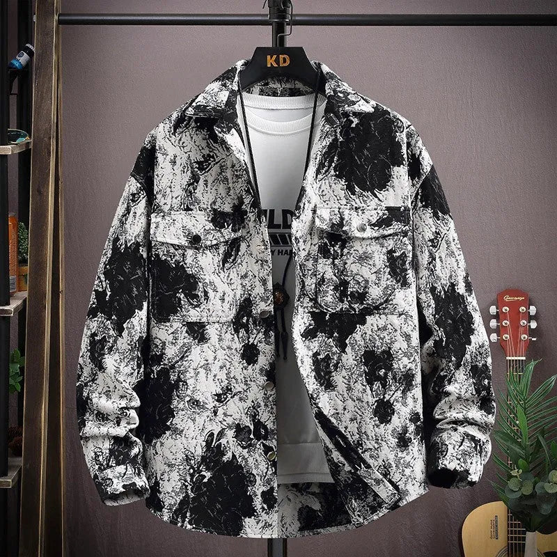 Personality casual lapel shirt coat in colour 526 black with long sleeves and straight hem, size 2XL for 70.00-77.50 kg