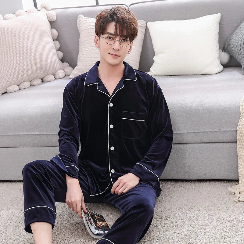 Couple winter velvet long sleeve pyjama set in Dark red, Grey, and Navy blue with size chart in cm for men and women.