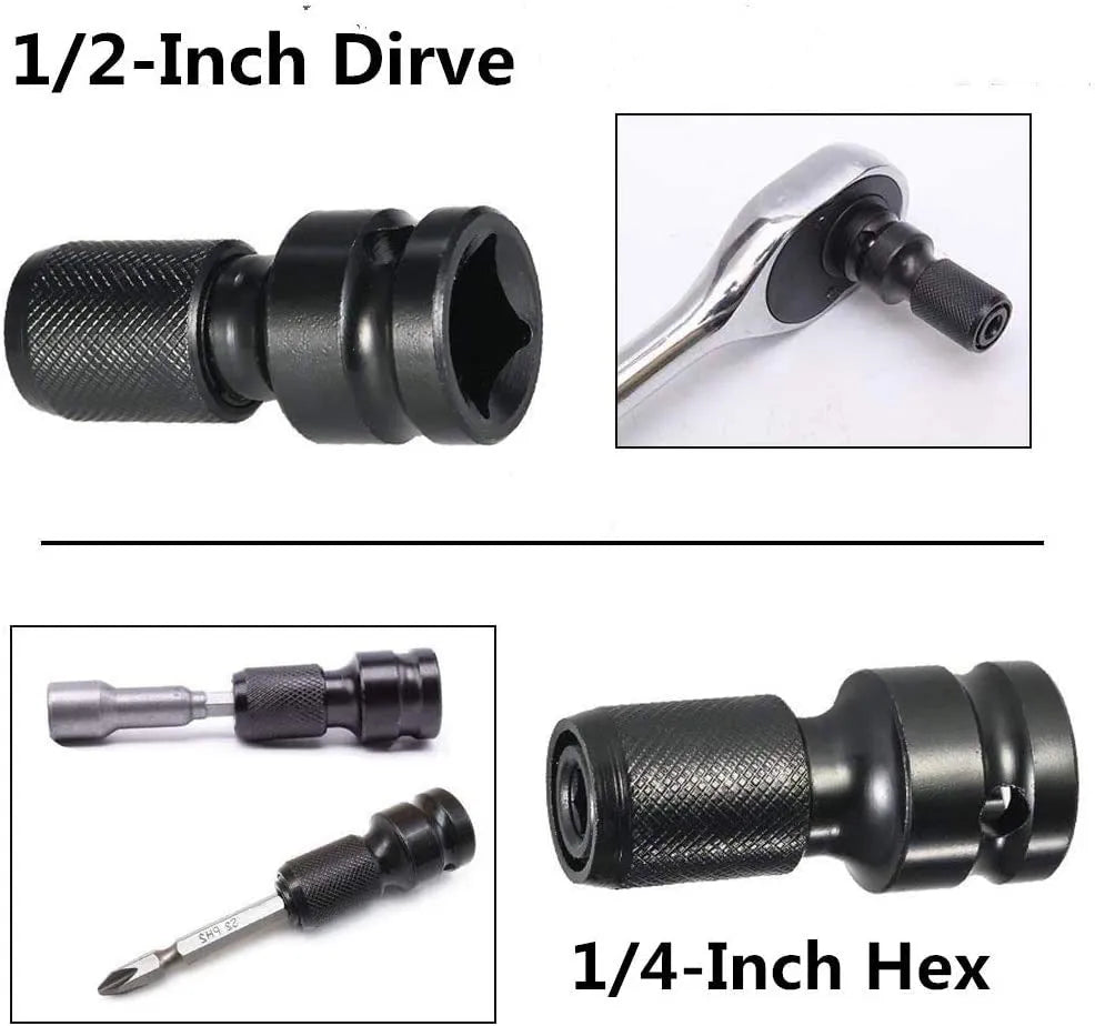 Square turn hexagonal handle electric wrench telescopic bit holder showing 1/2 to 1/4 scaling mechanism