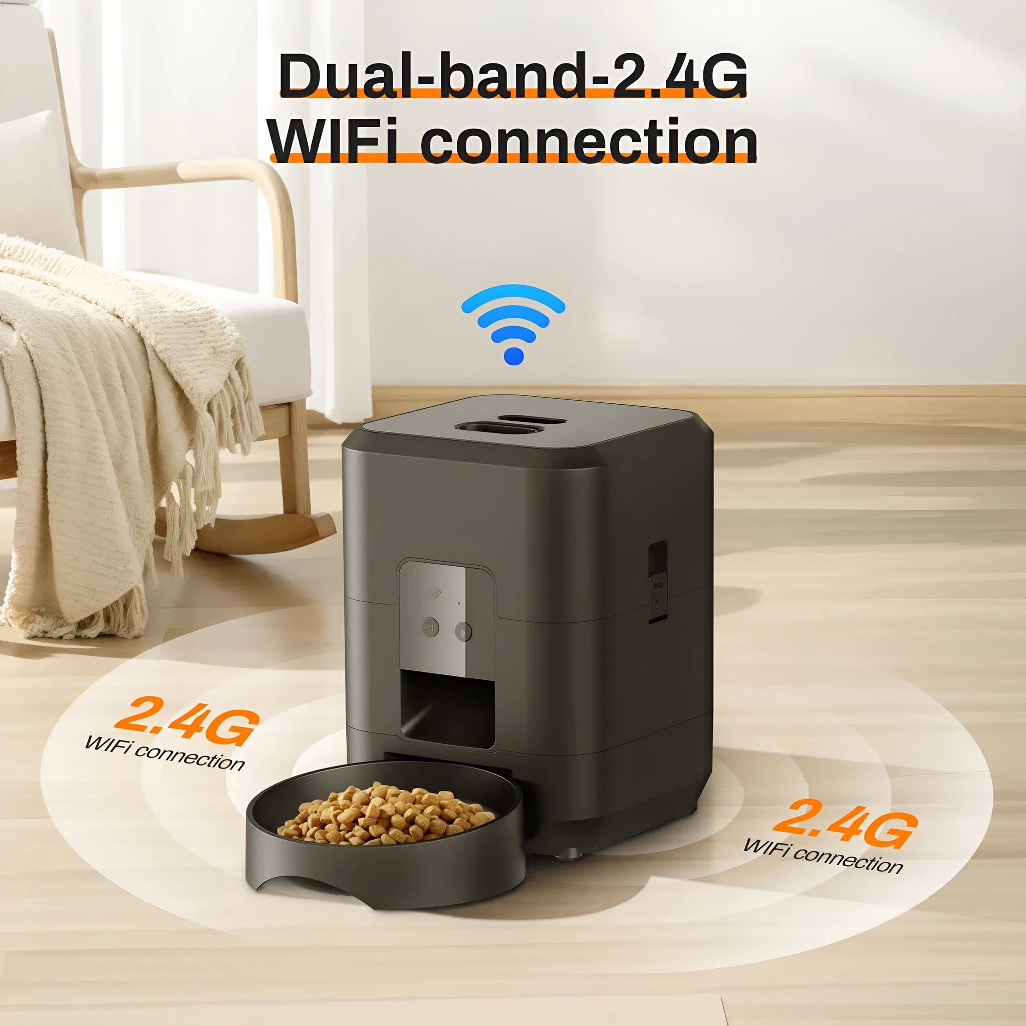 Automatic pet feeder in white or black with WiFi and button control options for cats