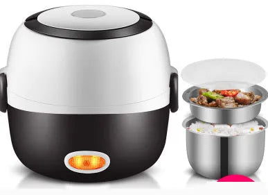 White plastic lunch box with multiple layers showing USB power port and heating function indicator
