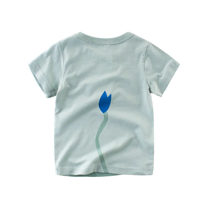 Children's cotton T-shirt with green lion print, showing size chart for 90cm to 140cm.