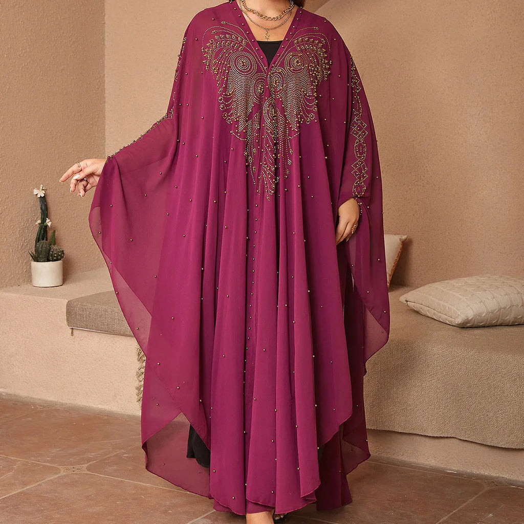 Muslim-style chiffon cape shawl with rhinestone beading in multiple colour options showing 135-175 cm length