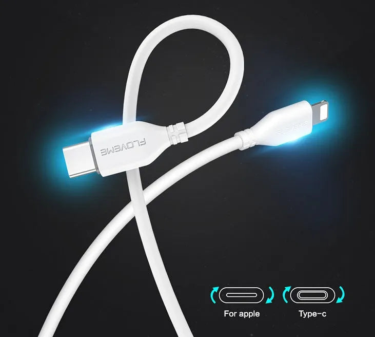 White USB-C to Lightning cable with reinforced connectors for iPhone fast charging and data transfer