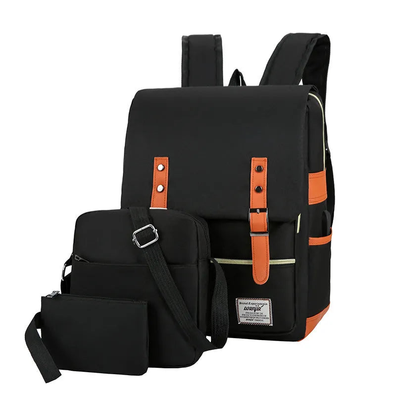 Three-piece business backpack in black with curved shoulder straps, multiple compartments, and waterproof Oxford cloth construction