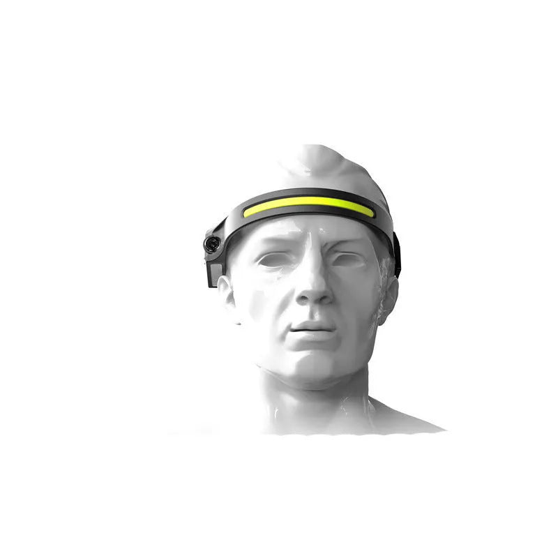 Black silicone USB rechargeable headlamp with a wide LED beam and side wave sensor for outdoor use.