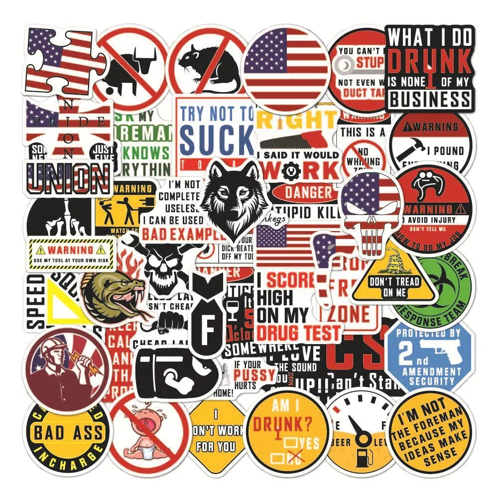 Pack of 50 personalised waterproof warning stickers with PVC adhesive and bright film coating for helmets and luggage.