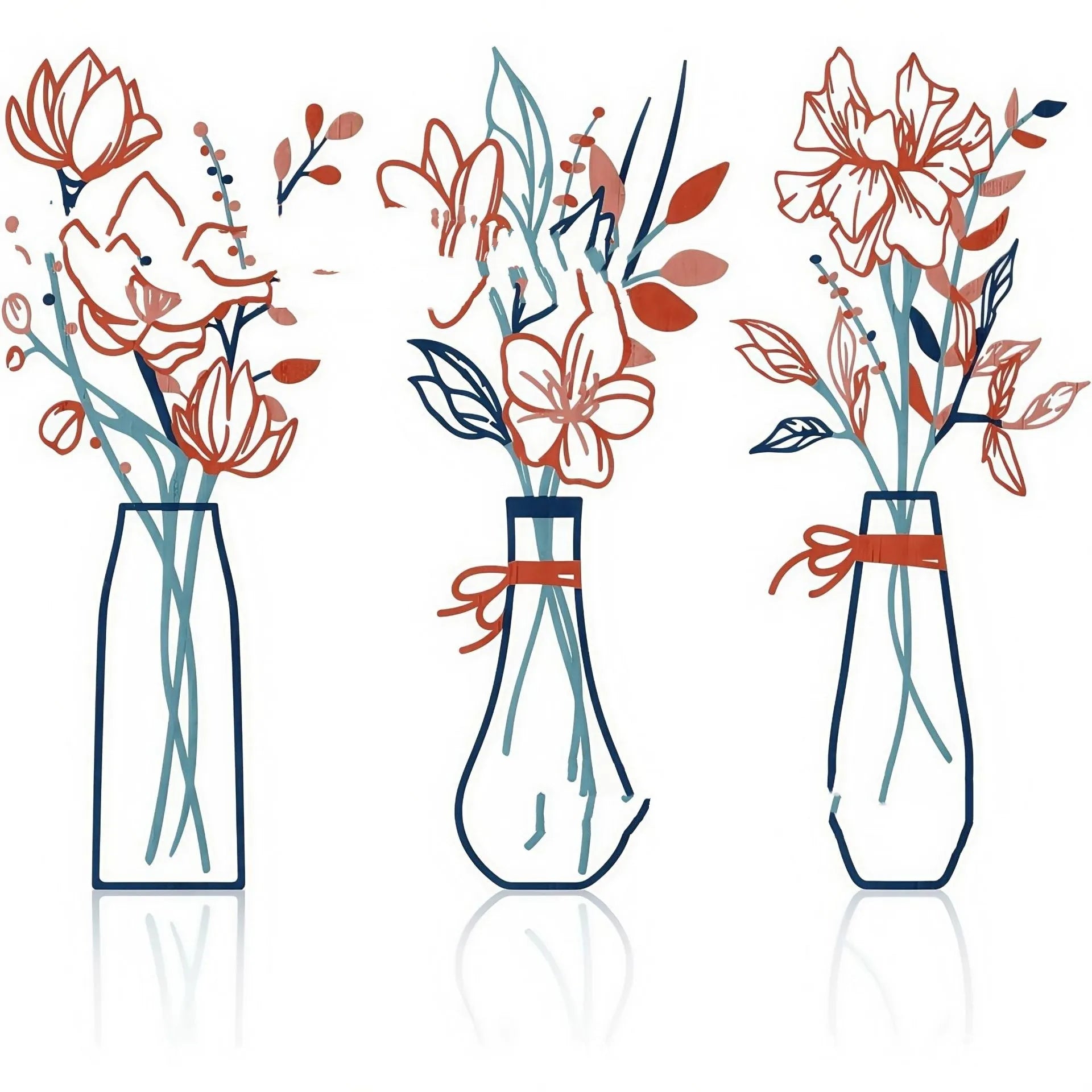 3-piece metal flowers wall art set in alloy with colour vase styles for country farmhouse decoration