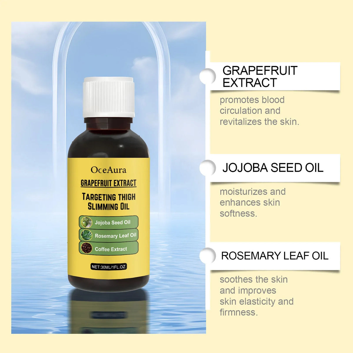 30ml bottle of body treatment oil with grapefruit extract and jojoba oil