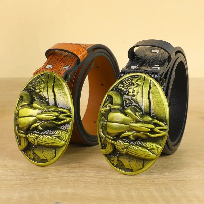 Men's black imitation leather belt with cow head alloy buckle, showing carving and embossing details, length 125cm