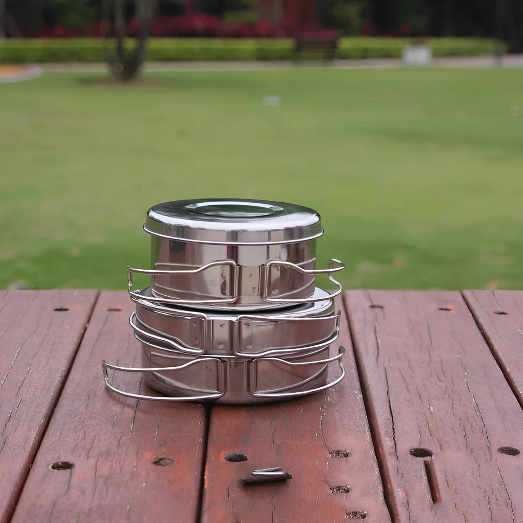 Silver stainless steel outdoor camping cookware pot set for 2-3 people