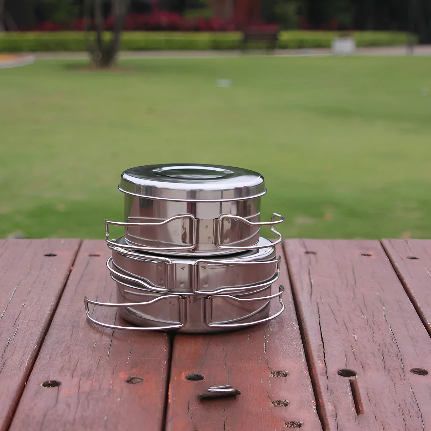 Silver stainless steel outdoor camping cookware pot set for 2-3 people