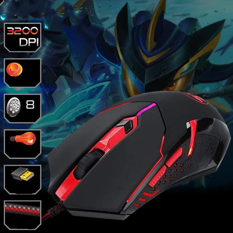 Black and red wired USB ergonomic gaming mouse on a desk.
