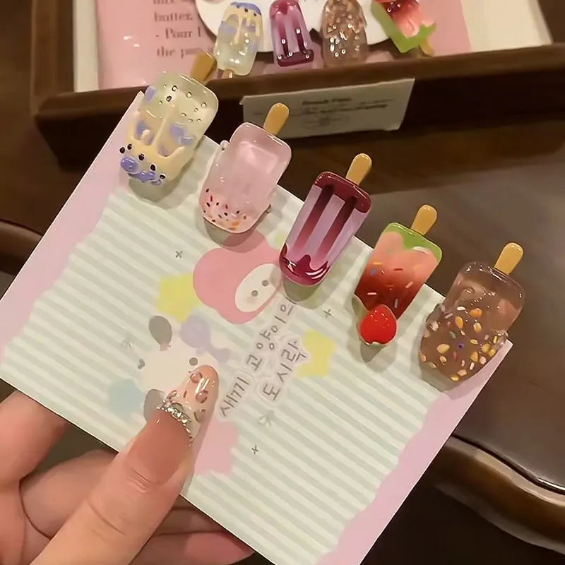 Cartoon ice cream design resin barrette hair clip in pink colour for women
