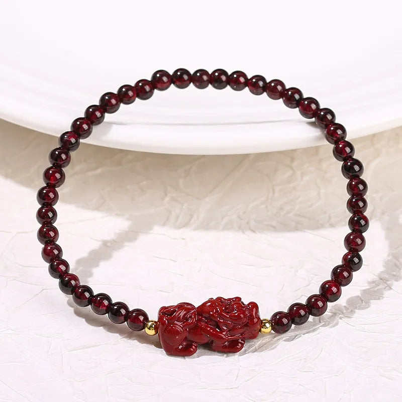 Natural garnet square bracelet with geometric design and Pixiu charm, 3A purity grade