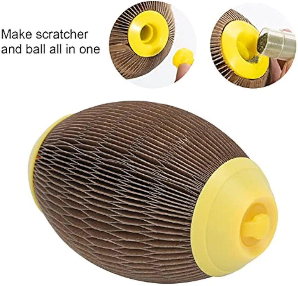 Elliptical catnip ball toy made of recycled corrugated paper, 65mm by 108mm, for scratching and play