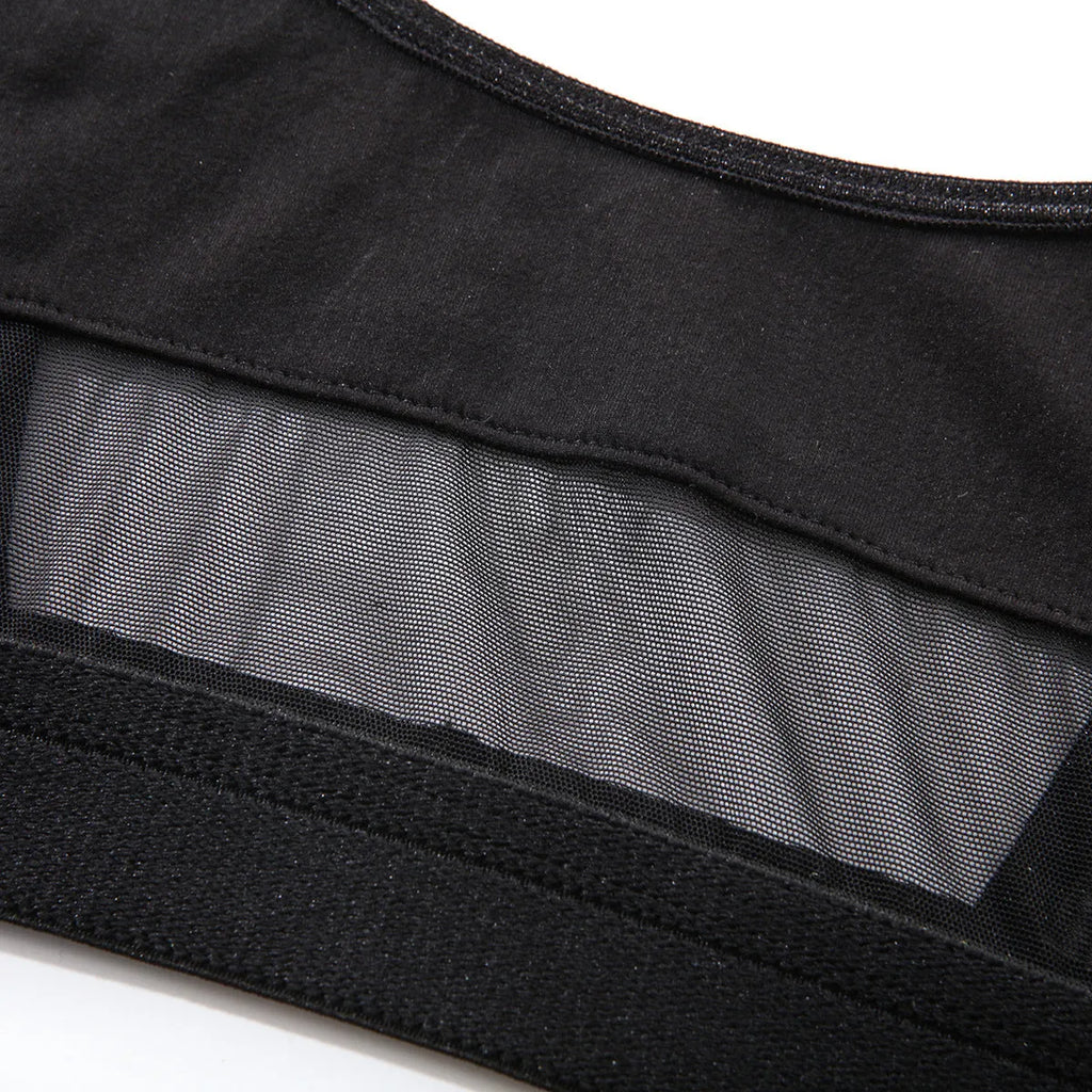 Women's black full cup bra and panty set with adjustable straps on a white background.