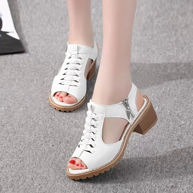 Women's retro sandals with side zipper in black, creamy white, or white, featuring a 3-5cm mid-heel