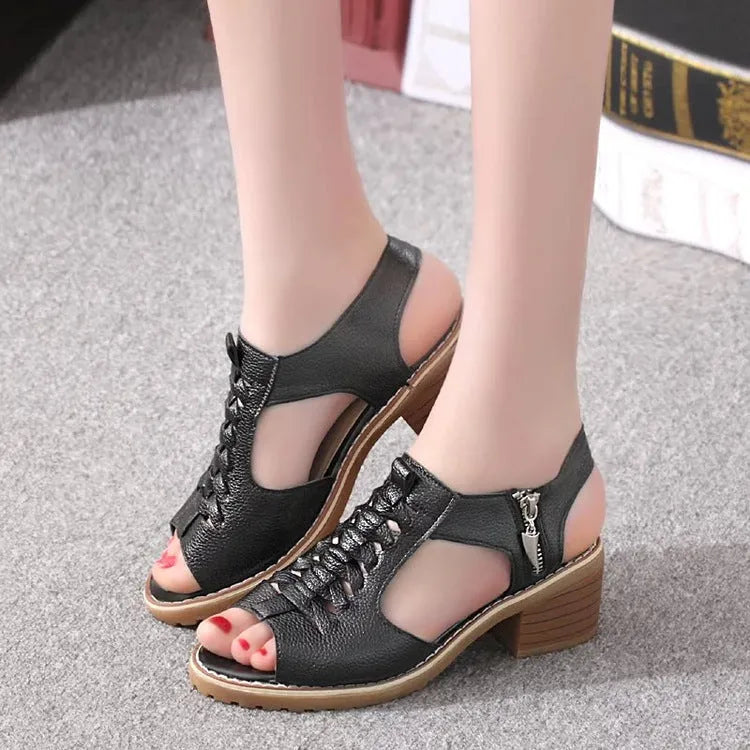 Women's retro sandals with side zipper, 3-5cm mid-heel, in black, creamy white, or white