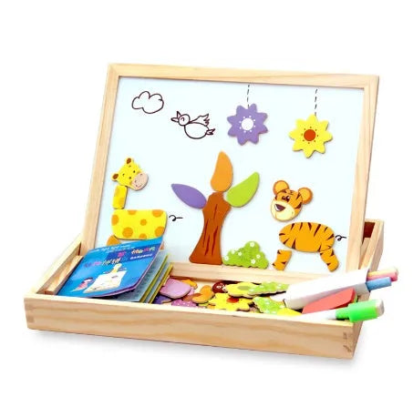 Wooden magnetic puzzle toy set with drawing board featuring animal circus and traffic designs
