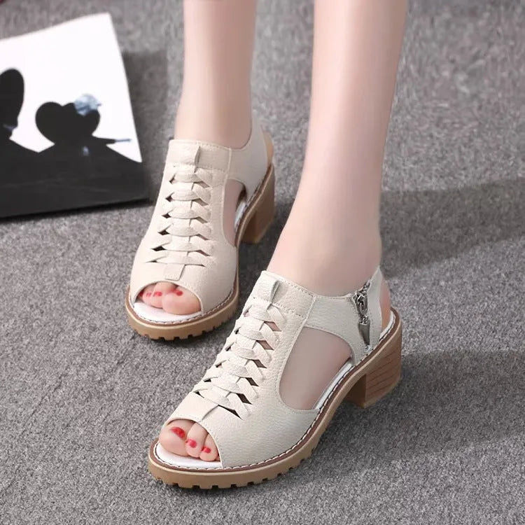 Women's retro sandals with side zipper, 3-5cm heel, in black, creamy white, or white colours