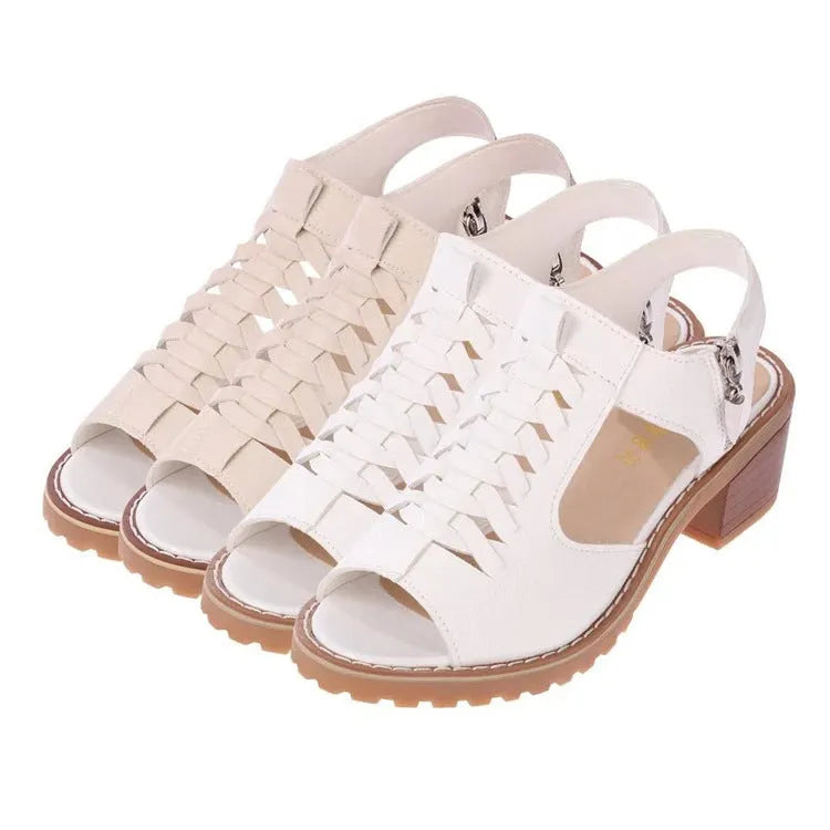 Women's retro sandals with side zipper, 3-5cm heel, in black, creamy white, or white colours