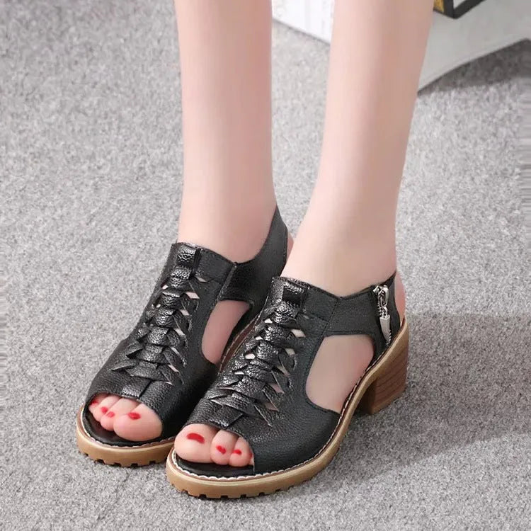 Women's retro sandals with side zipper in black, creamy white, or white, showing 3-5cm heel and beef tendon sole.
