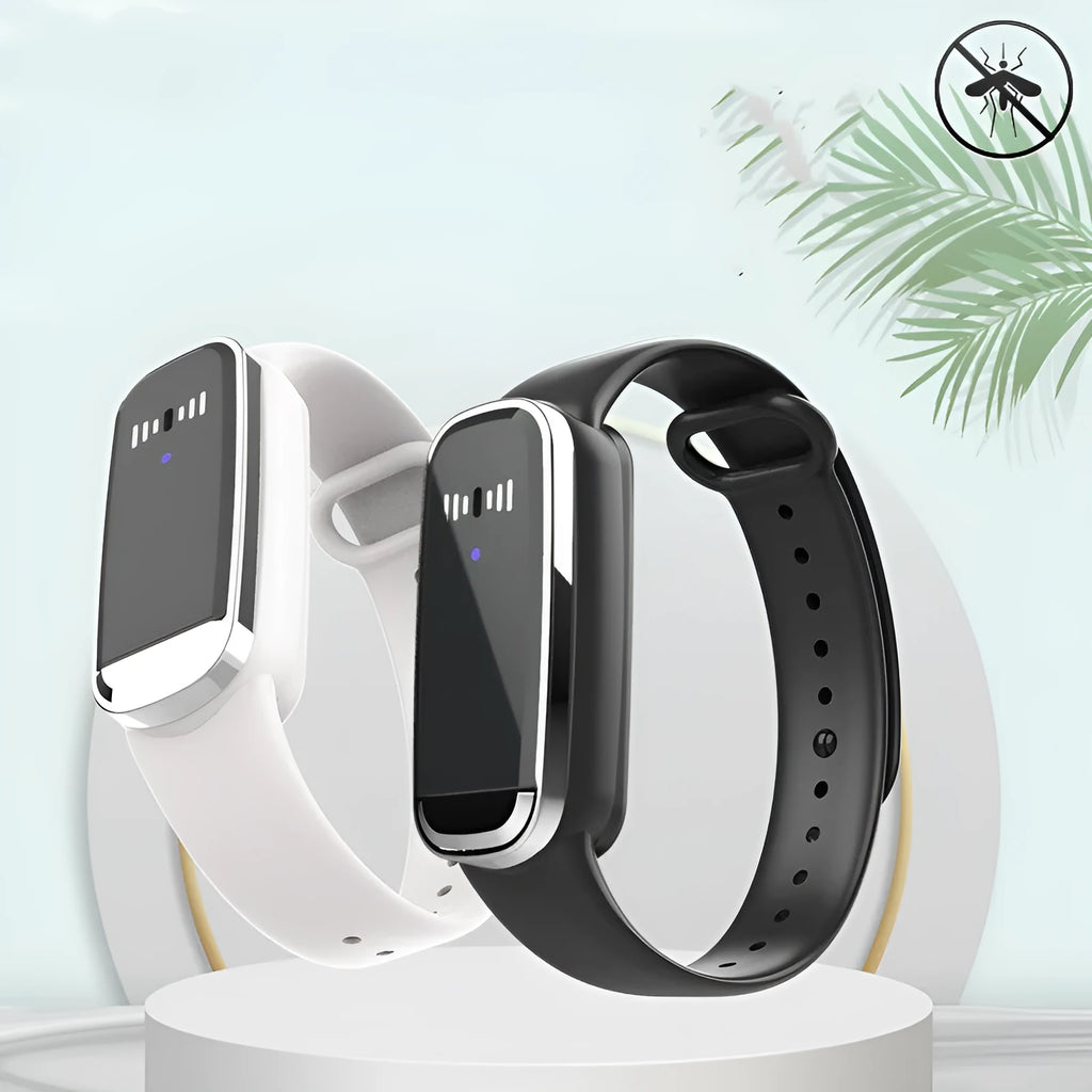 Black and white ultrasonic mosquito repellent bracelet for babies and pregnancy, shown with USB charging cable.