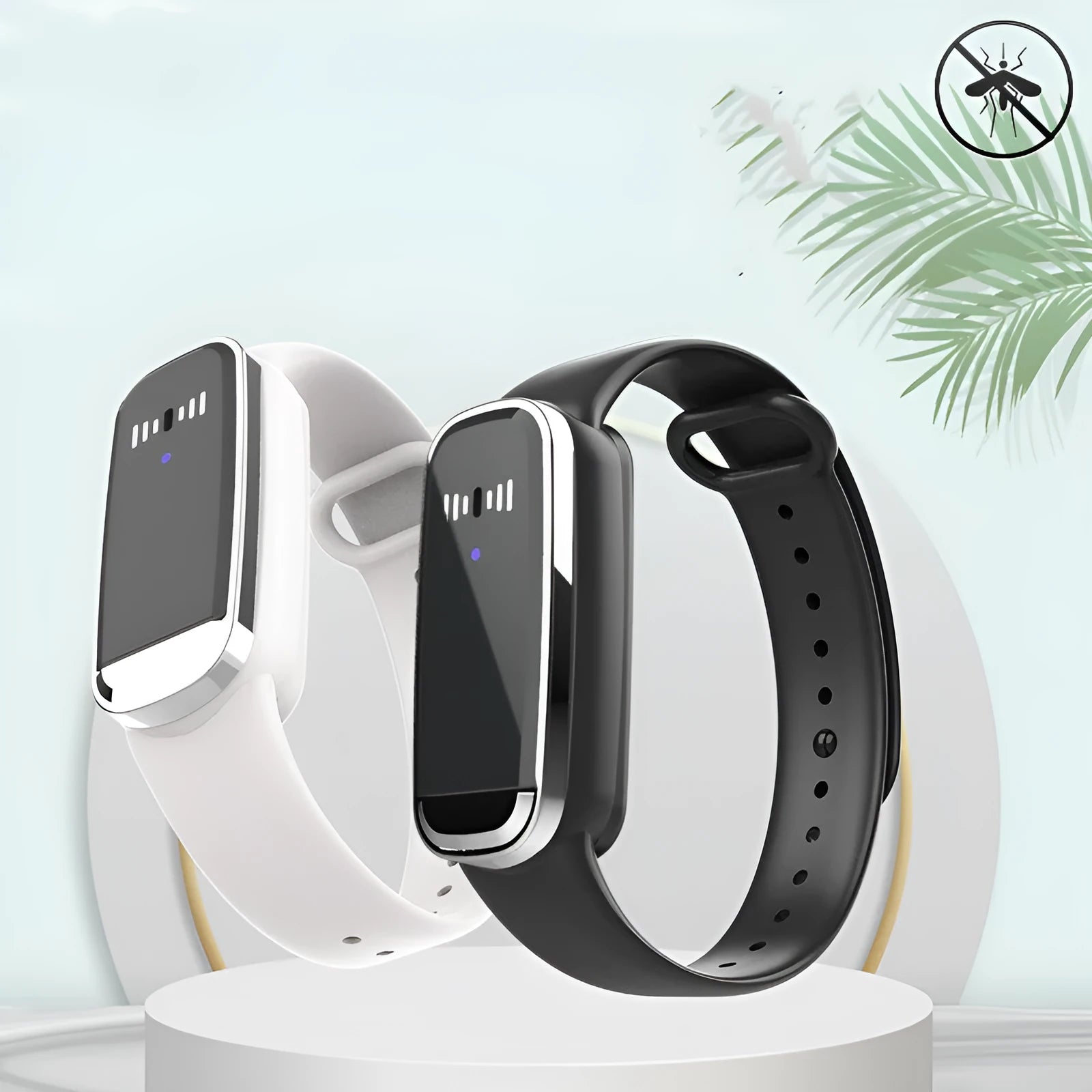 Black and white ultrasonic mosquito repellent bracelet for babies and pregnancy, shown with USB charging cable.