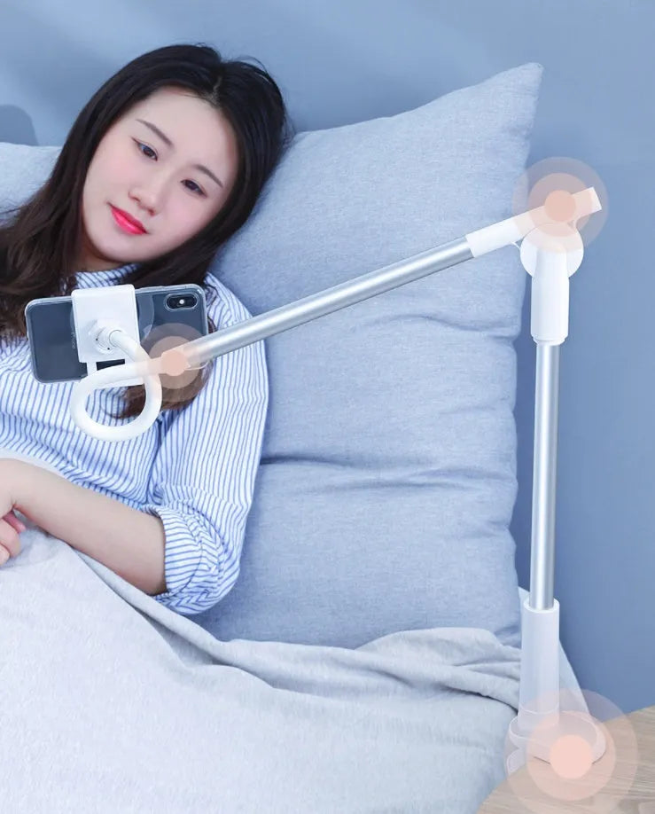 Lazy phone holder in aluminium alloy and plastic with 64-90mm clamp and 90mm base clip for table or bed head