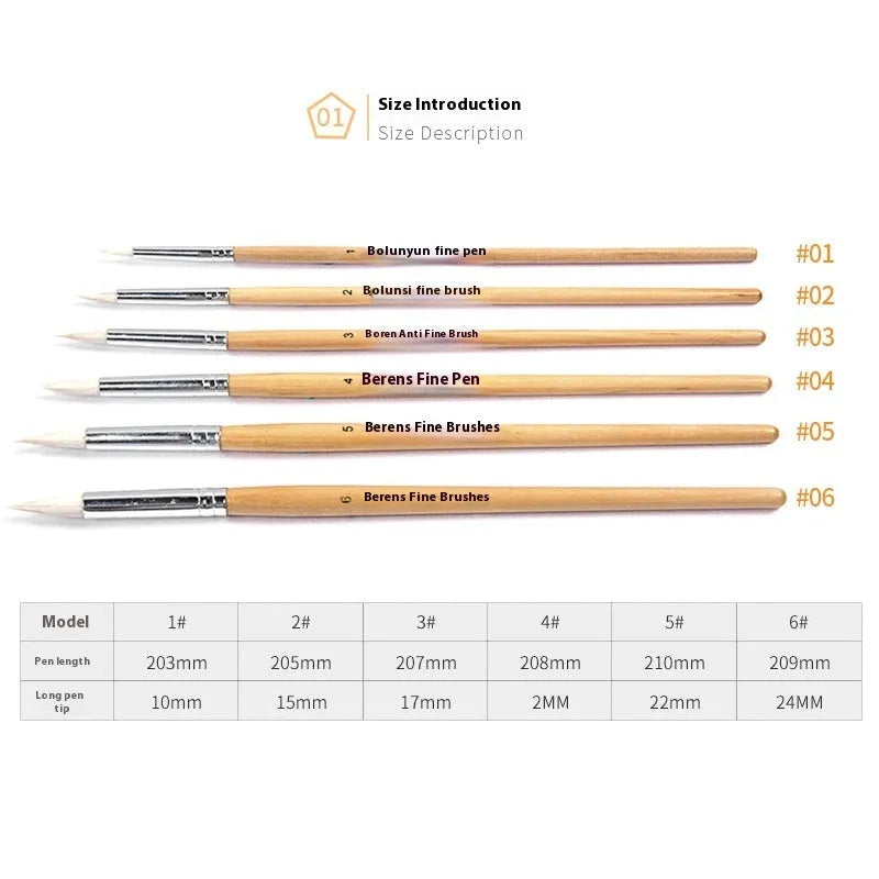 Artistic wool pointed wooden hook line pen brush suit with 6 pieces for calligraphy and illustration